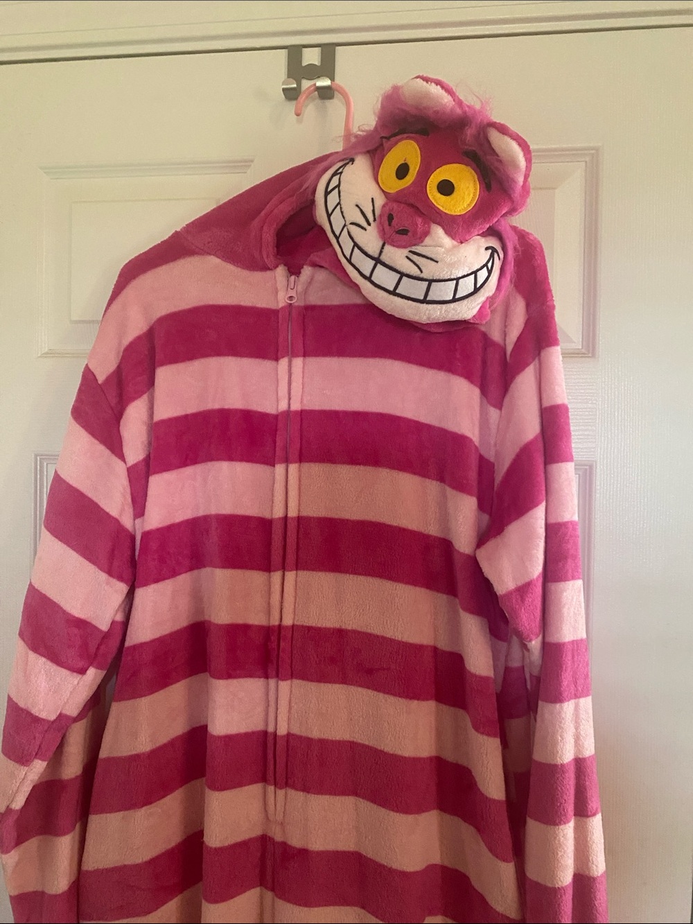 Women's Pink Striped Cheshire Cat One-Piece Hooded Pajamas/Costume